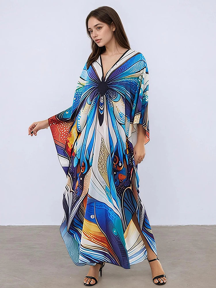 XITAO Pullover Contrast Color Dress Bat Wing Sleeve V-neck Butterfly Print Fashion Loose Vintage Summer Woman Dress  GJ1164