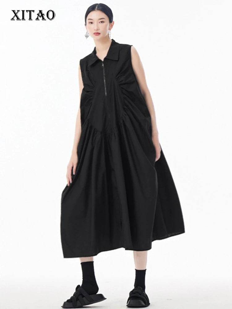 XITAO Pleated Zipper Turn-down Collar Dress Sleeveless A-line Patchwork Solid Color Simple Casual Summer Women Dress ZMY1051
