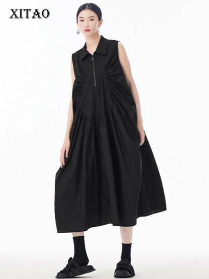 XITAO Pleated Zipper Turn-down Collar Dress Sleeveless A-line Patchwork Solid Color Simple Casual Summer Women Dress ZMY1051