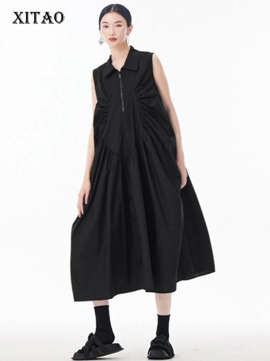 XITAO Pleated Zipper Turn-down Collar Dress Sleeveless A-line Patchwork Solid Color Simple Casual Summer Women Dress ZMY1051
