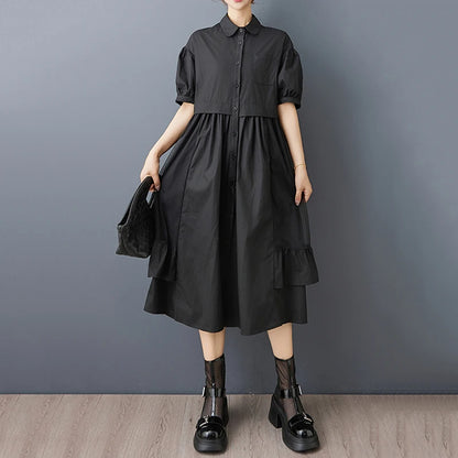 XITAO Patchwork Gauze Irregular Female Dress Turn-down Collar Single Breasted Loose Ruffles Summer Woman Shirt Dress ZMY1229