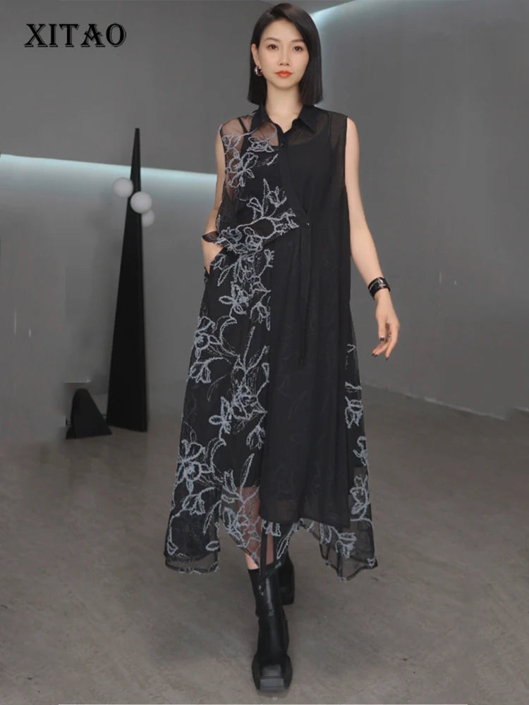 XITAO Asymmetrical Patchwork Print Turn-down Collar Dress Set Casual A-line Loose Fitting Sleeveless Summer Women Set ZMY1285