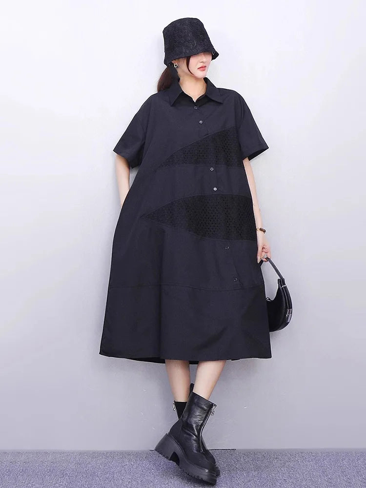 XITAO Hollow Out Patchwork Gauze Dress New Arrival Turn-down Collar Short Sleeve Pocket Loose Elegant Woman Woman Dress HQQ2512