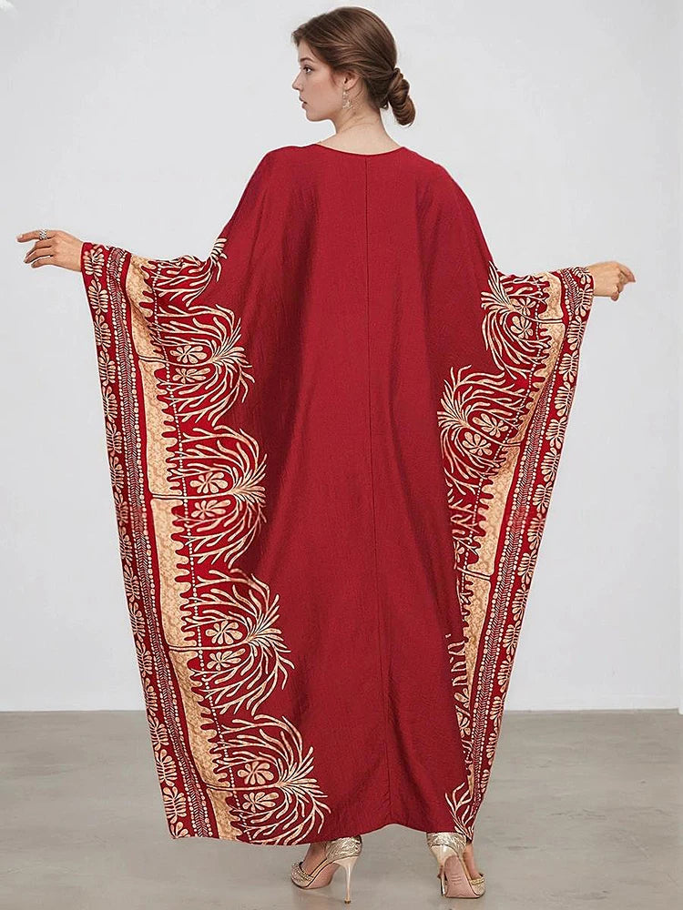 XITAO O-neck Bat Wing Sleeve Vintage Dress Side Slit Print Pullover Loose Temperament Summer Woman Ankle-length Dress GJ1191