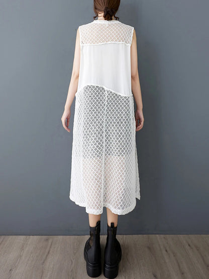 XITAO Sleeveless Irregular Dress Casual Hollow Out Mesh Patchwork Women Summer O-neck Korea Casual Pullover Dress ZMY1213