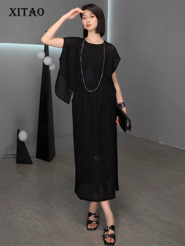 XITAO Irregular Pocket Sleeveless Sets Two-piece Hollow Out O-neck Loose Pullover Elastic Waist Simple Woman Sets ZMY1269