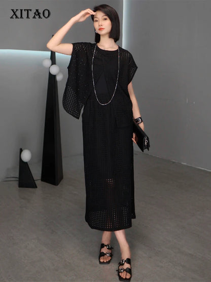XITAO Irregular Pocket Sleeveless Sets Two-piece Hollow Out O-neck Loose Pullover Elastic Waist Simple Woman Sets ZMY1269
