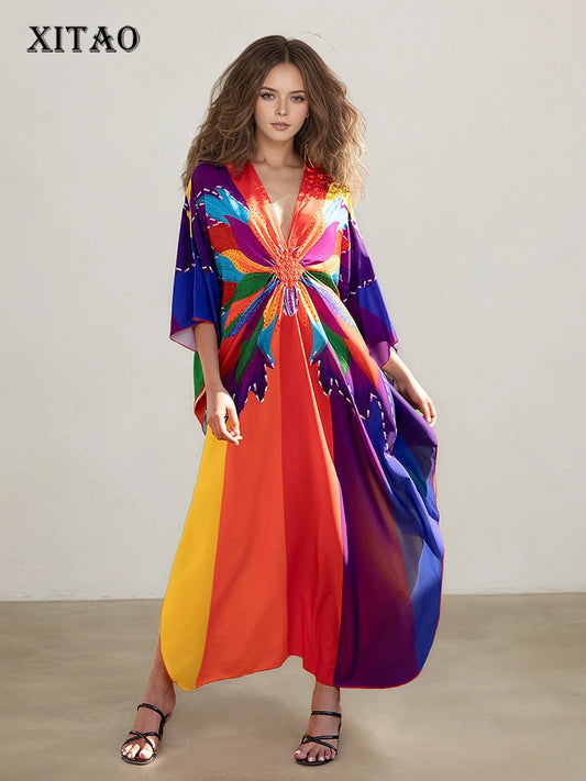 XITAO Batwing Sleeve Pullover Loose Dress Print V-neck Contrast Color Vintage Temperament Summer Woman Ankle-length Dress GJ1198