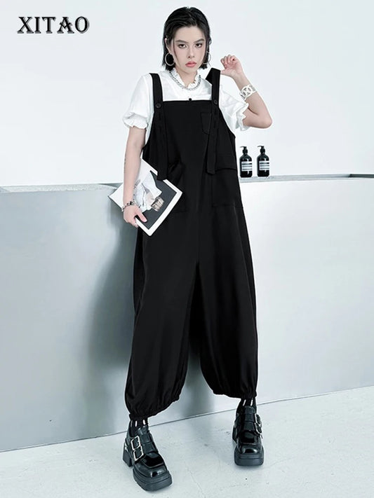 XITAO Loose Pocket Jumpsuits Women Casual Summer Solid Color All-match Street Sleeveless Straps Patchwork Jumpsuits ZMY1337