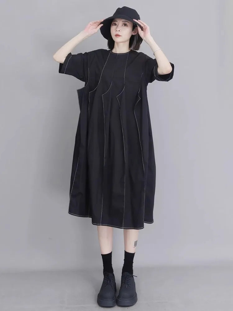 XITAO Solid Color O-neck Simple Dress Short Sleeve Slimming Patchwork Asymmetrical A-line Pullovers Summer Woman Dress ZMY1368