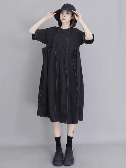 XITAO Solid Color O-neck Simple Dress Short Sleeve Slimming Patchwork Asymmetrical A-line Pullovers Summer Woman Dress ZMY1368