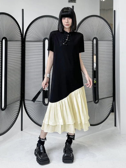 XITAO Gauze Patchwork Contrast Color Stand Collar Dress Single Breasted Pullover Loose Temperament Mid-calf Sweet Dress GYX1584