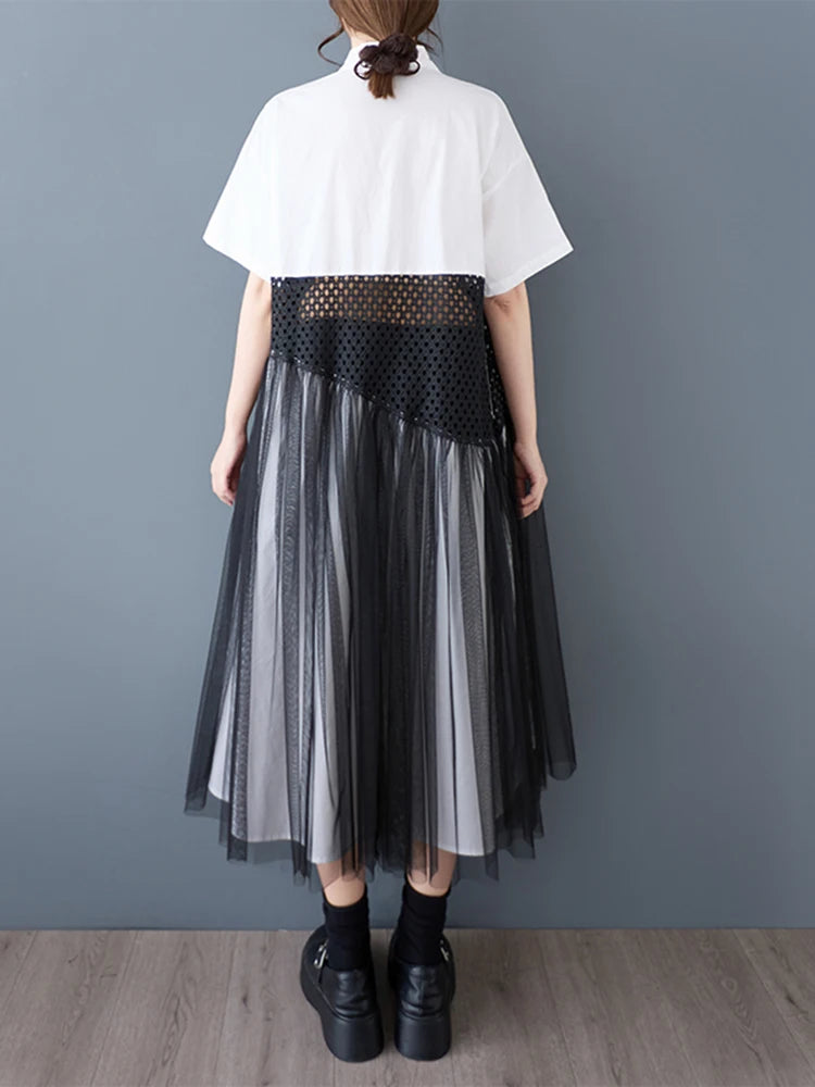 XITAO Patchwork Mesh Single Breasted Dress Casual Solid Color A-line Sweet Short Sleeve Turn-down Collar Female Dress GYX1566