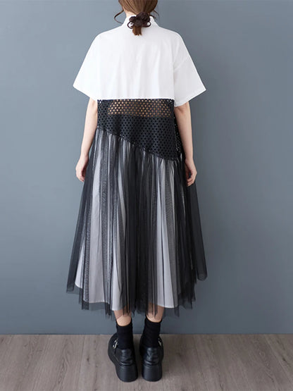 XITAO Patchwork Mesh Single Breasted Dress Casual Solid Color A-line Sweet Short Sleeve Turn-down Collar Female Dress GYX1566