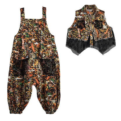 XITAO Patchwork Mesh Pocket Lapel Two Piece Jumpsuit Women Casual Loose Fitting Sleeveless Top Personality Summer GYX1611