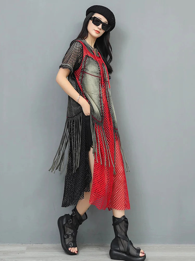 XITAO Hollow Out Patchwork Trend Dress Loose Contrast Color Short Sleeve Casual Personality Hooded Summer Woman Dress HQQ2510