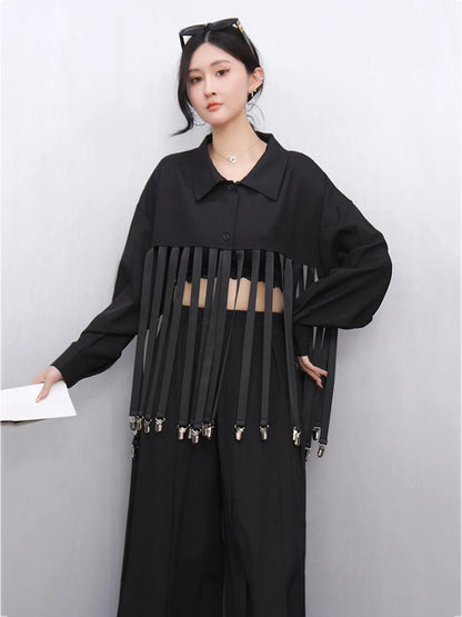 XITAO Patchwork Tassels Lapel Single Breasted Shirt Casual Loose Fitting Full Sleeve New Summer Personality Shirt GYX1619