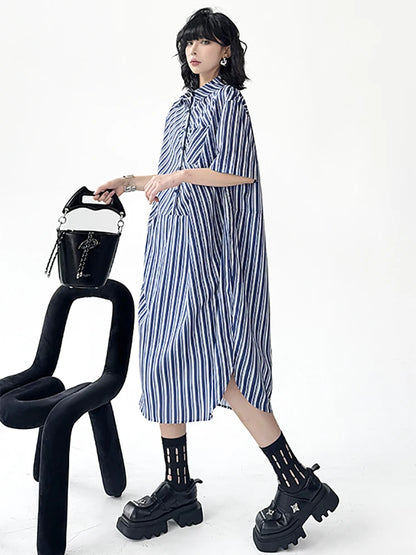 XITAO Asymmetric Striped Shirt Dress Elegant Temperament Single Breasted Women Loose Turn-down Collar Summer Dress ZMY1071