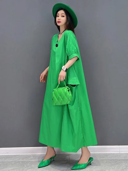 XITAO Casual V-neck Pocket Female Dress Loose Solid Color A-line Slimming Women Simple Temperament Short Sleeve Dress ZMY1079