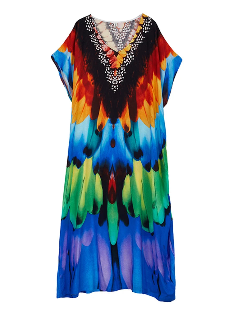 XITAO Print V-neck Batwing Sleeve Contrast Color Dress Pullover Loose Temperament Casual Slimming Personality Dress GYX1515