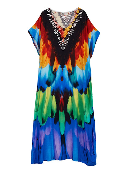 XITAO Print V-neck Batwing Sleeve Contrast Color Dress Pullover Loose Temperament Casual Slimming Personality Dress GYX1515