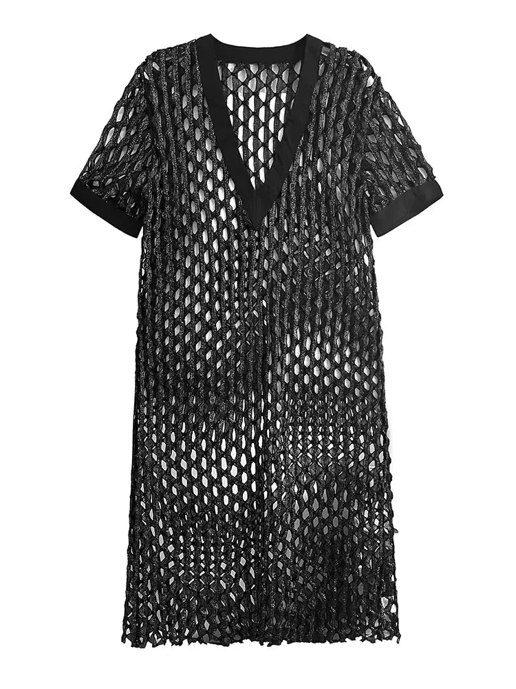 XITAO Hollow Out V-neck A-line Dress Short Sleeve Casual Loose Slimming All Match New Personality Summer Women Dress HQQ2467