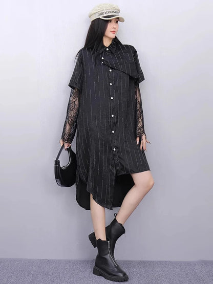 XITAO Irregular Patchwork Mesh Single Breasted Dress Loose Fitting Thin Fashion Stripe Pocket Lapel Summer Female Dress ZMY1346