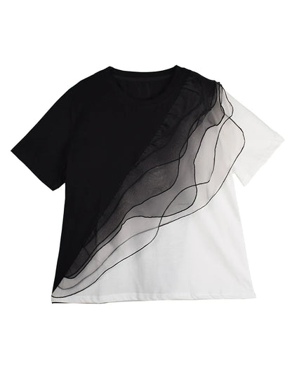 XITAO Gauze Patchwork Contrast Color T-Shirt O-neck Short Sleeve Loose All-match Personality Summer Woman T-shirt ZMY1265