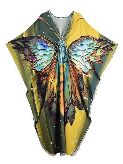 XITAO Butterfly Print Batwing Sleeve Pullover Dress Contrast Color V-neck Loose Temperament Ankle-length Women Dress GJ1144