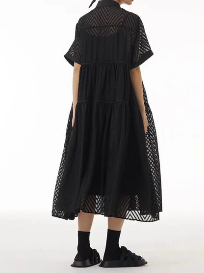 XITAO A-line Patchwork Loose Female Dress Solid Color Hollow Out Turn-down Collar New Arrival Woman Summer Dress ZMY1260