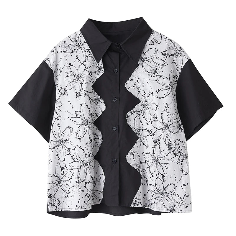 XITAO Patchwork Contrast Color Single Breasted Shirt Casual Loose New Arrival Turn-down Collar Personality Summer Blouse HQQ2459