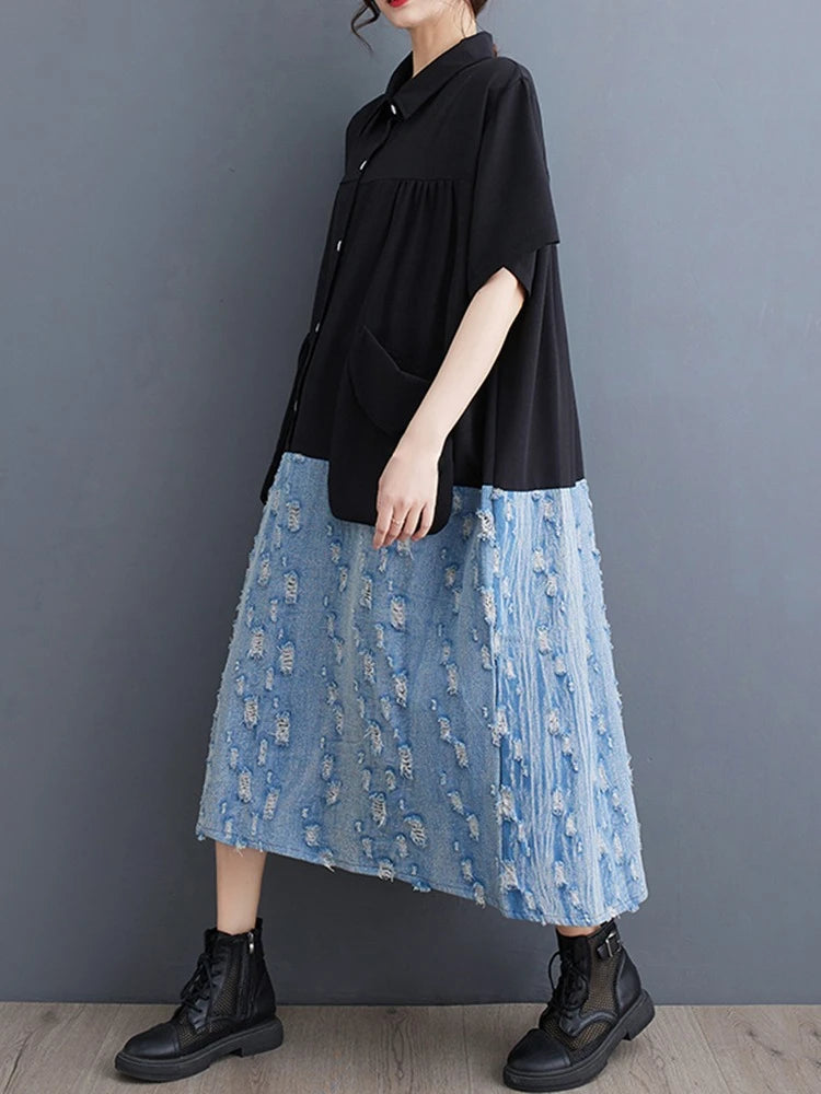 XITAO Contrast Color Patchwork Pocket Female Dress Pullover Turn-down Collar Short Sleeve Casual Loose Slimming Dress ZMY1059