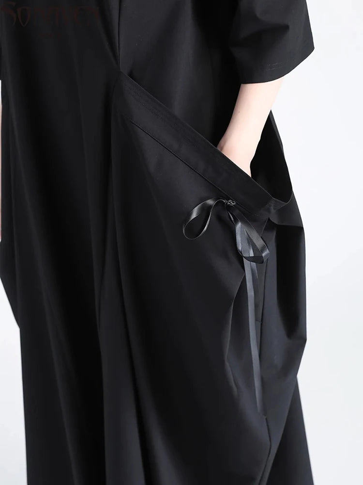 XITAO Pocket Patchwork Bandage Solid Color Dress O-neck Pullover Loose Half Sleeve Ankle-length Slim Temperament Dress HQQ2514