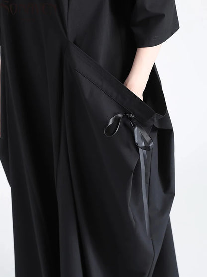 XITAO Pocket Patchwork Bandage Solid Color Dress O-neck Pullover Loose Half Sleeve Ankle-length Slim Temperament Dress HQQ2514