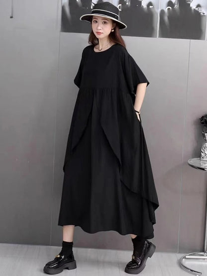 XITAO Irregular O-neck Loose Dress Solid Color Short Sleeve Patchwork Simple Casual Elegant All-match Summer Woman Dress ZMY1381