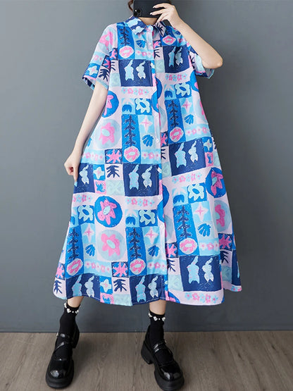 XITAO Print Flower Single Breasted Dress Turn-down Collar Casual New Korea Fashion A-line Short Sleeve Women Dress ZMY1133