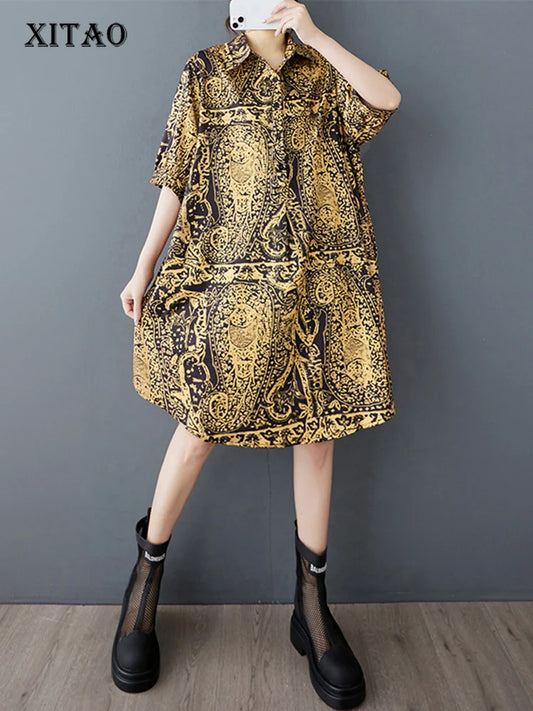 XITAO Print Turn-down Collar Single Breasted Dress Loose Fitting A-line Korea Casual Slimming Summer Women Dress ZMY1149
