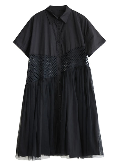 XITAO Patchwork Mesh Single Breasted Dress Casual Solid Color A-line Sweet Short Sleeve Turn-down Collar Female Dress GYX1566