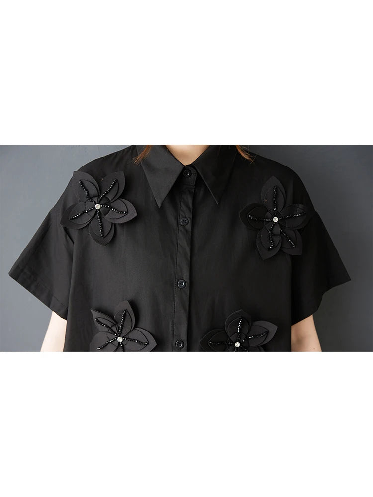 XITAO Flower Turn-down Collar Short Sleeve Dress Solid Color Irregular Patchwork Loose Casual Sweet Summer Woman Dress ZMY1386
