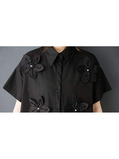 XITAO Flower Turn-down Collar Short Sleeve Dress Solid Color Irregular Patchwork Loose Casual Sweet Summer Woman Dress ZMY1386