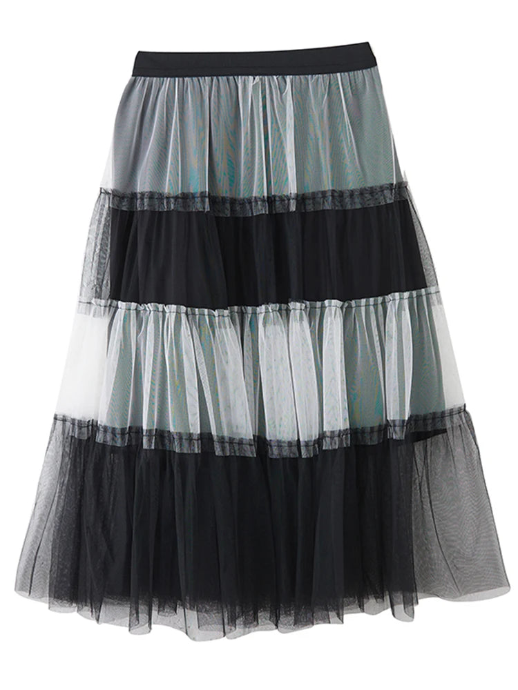 XITAO Gauze Patchwork Contrast Color A-line Skirt Elastic Waist Loose Temperament Casual Slimming Summer Women Skirt ZMY1065