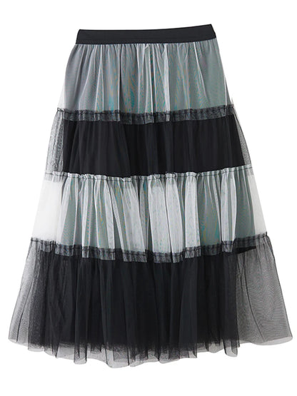 XITAO Gauze Patchwork Contrast Color A-line Skirt Elastic Waist Loose Temperament Casual Slimming Summer Women Skirt ZMY1065