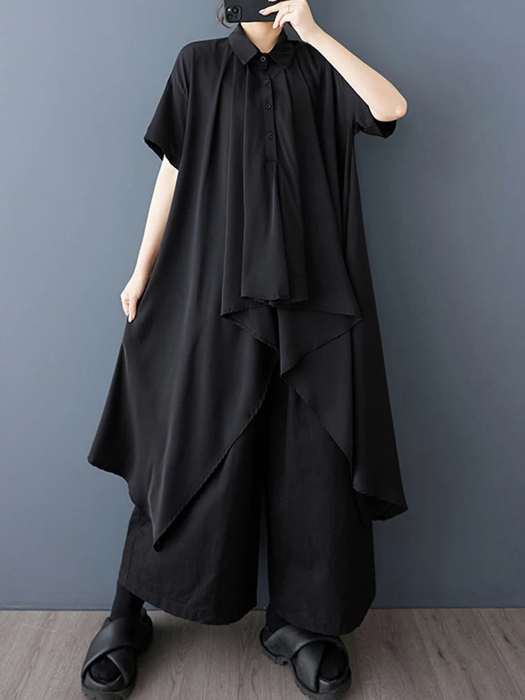 XITAO Asymmetric Single Breasted Short Sleeve Shirt Solid Color Dot Turn-down Collar Long Style Summer Women Blouse GYX1635