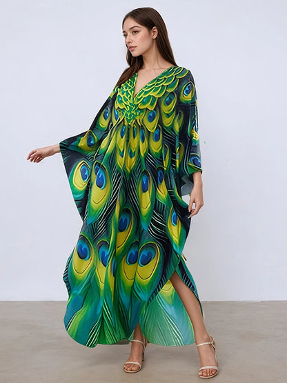 XITAO Batwing Sleeve Print Contrast Color Pullover Dress V-neck Loose New Temperament Ankle-length Women Dress Summer GJ1143