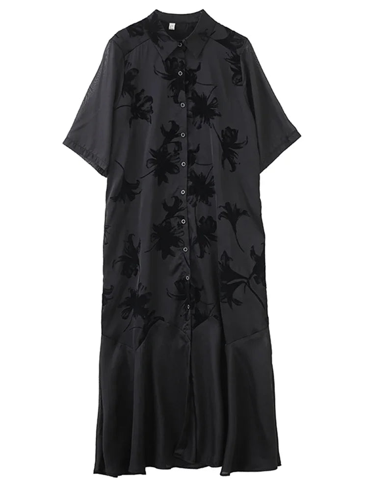 XITAO Vintage Patchwork Mesh Dress Loose Slimming A-line Women Summer Casual Single Breasted Temperament Shirt Dress ZMY1247