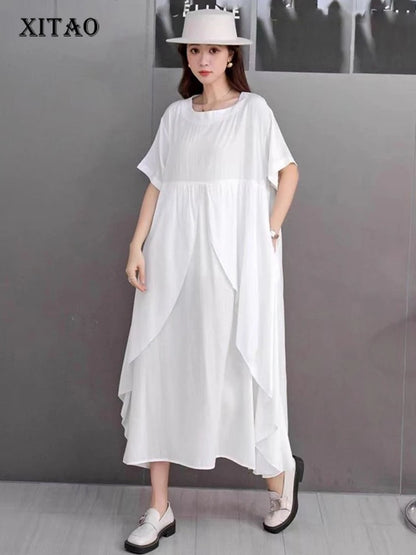 XITAO Irregular O-neck Loose Dress Solid Color Short Sleeve Patchwork Simple Casual Elegant All-match Summer Woman Dress ZMY1381