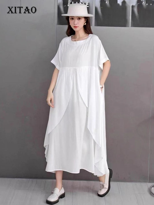 XITAO Irregular O-neck Loose Dress Solid Color Short Sleeve Patchwork Simple Casual Elegant All-match Summer Woman Dress ZMY1381