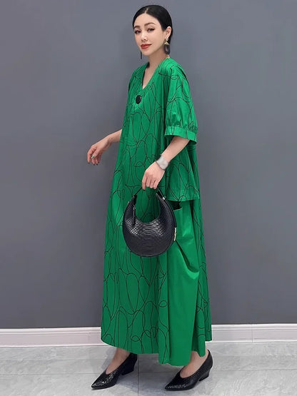 XITAO Loose Print Patchwork V-neck Green Dress Casual Fashion Temperament Pocket Women Simple Elegant Big Hem Dress GYX1581