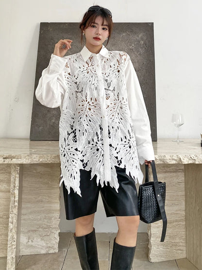 XITAO Irregular Patchwork Hollow Out Shirt Loose Asymmetric Long Sleeve Turn-down Collar Women Slimming Temperament Top GYX1613