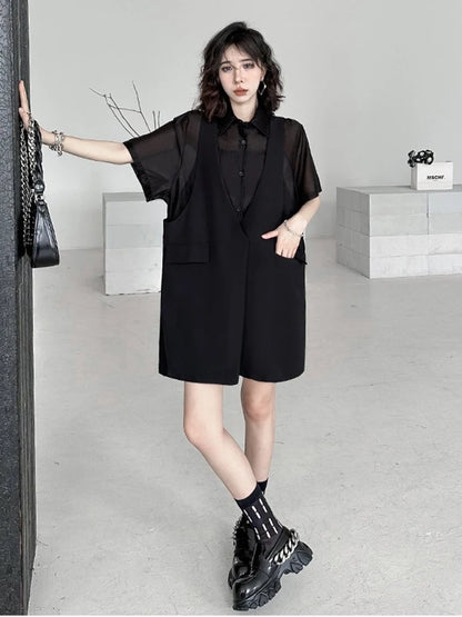 XITAO Patchwork Single Breasted Fake Two Pieces Dress Women Short Sleeve Pullover Solid Color Temperament Casual Dress ZMY1308